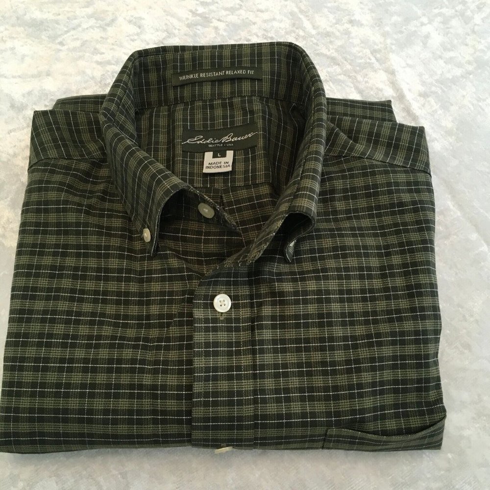 Eddie Bauer Mens Green Plaid Long Sleeve Collared Button Up Shirt‎ Size Large